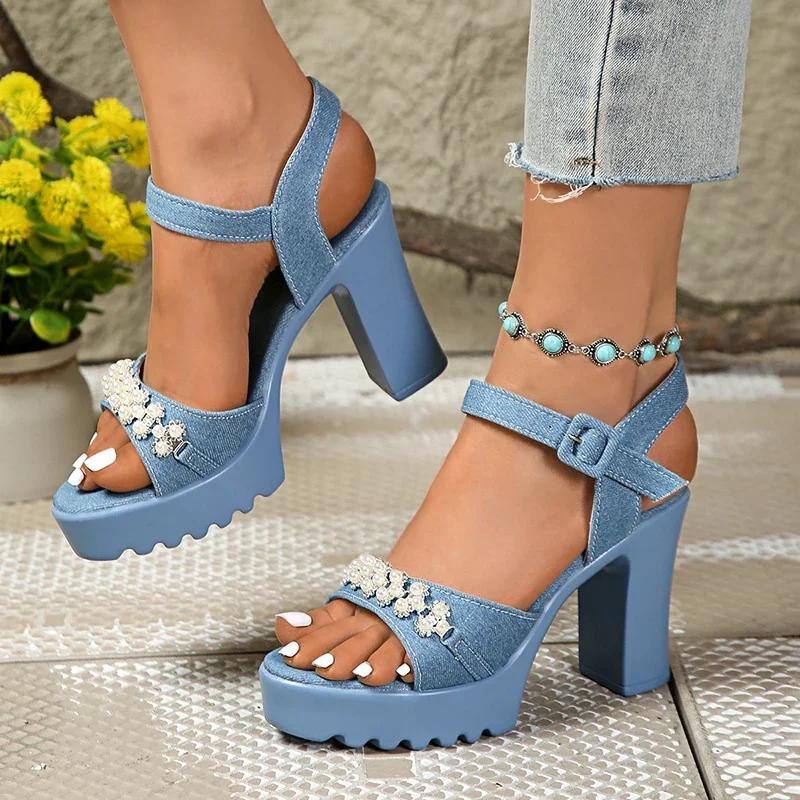 

Fashion 2025Stylish Pearl Decor Denim Sandals Women Summer Plus Size Buckle Platform Sandal Office Ladies Open Toe Sandalias Mujer 35 синий
