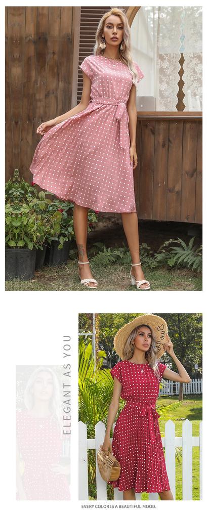 Women's Summer Polka Dot Round Neck Midi Dress with Retro Pleated Skirt