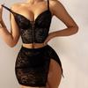 3 Pcs/Set Women Bra Panties Skirt Set See-through Lace Embroidery Hollow Out Lace-up Straps Thin High Waist Skirt Night Valentines Day Underwear Set