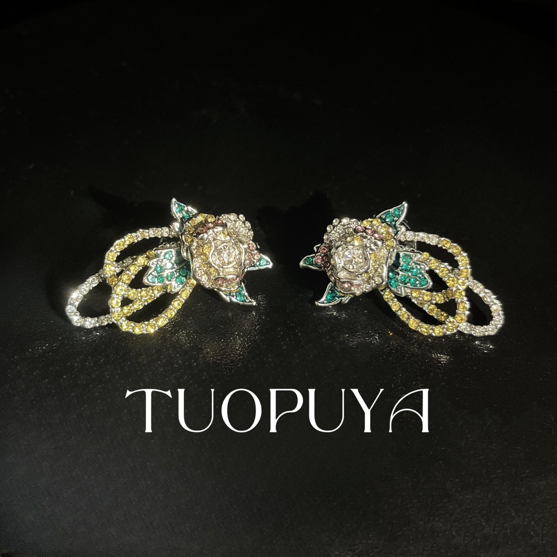 Spring/Summer Rhinestone Leaf Brooch & Flower Earring Set