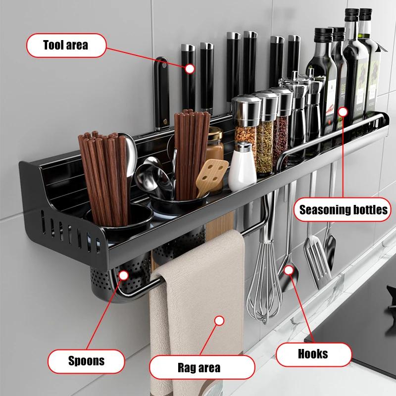 Kitchen Storage Shelf Wall-mounted Spice Rack Aluminum Punch-free Spoon Knife Storage Shelves Multifunction Kitchen Organizer