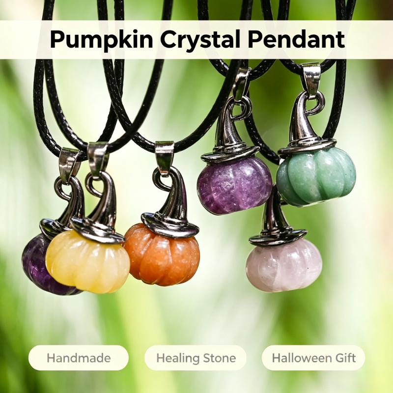 1PC Halloween Crystal Pendant Pumpkin Wizard Witch Hat Ornament Amethyst Rose Quartz Red Agate Aventurine Stone Jewelry Gift