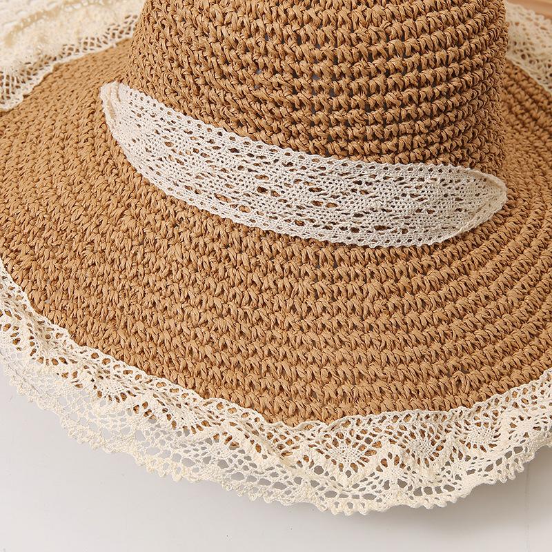 Elegant Lace-Trimmed Wide Brim Straw Hat for Women - Breathable, Sun-Protective Beach Cap with Hollow Design, Summer, Woven, Sunshade