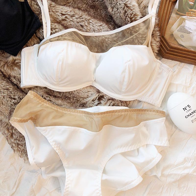 Французский женский комплект нижнего белья, сексуальный ультратонкий сетчатый комплект с бюстгальтером, летний бесшовный дышащий простой бюстгальтер без косточек, нижнее белье L белый