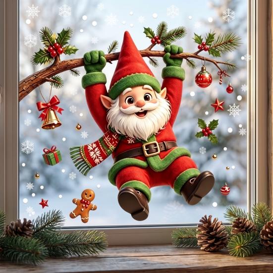 Christmas Home Ornaments Cute Gnome Static Window Cling, Removable Decal with Holly Bell Glass Stickers Gingerbread Snowflake, Holiday Decor