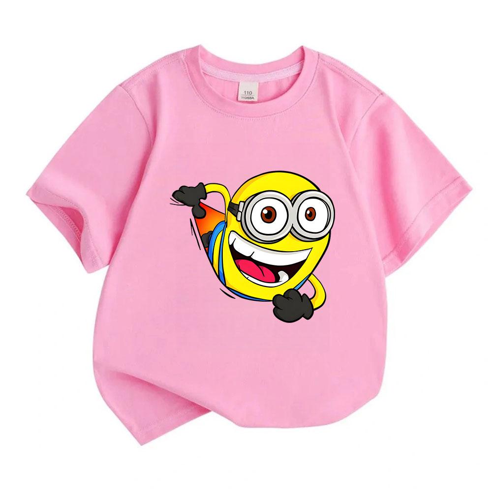 Cartoon Funny Yellow Round Face Character Print Kids 100% Cotton T-Shirt Boys Girls Crew Neck Short Sleeve Casual Lightweight Tee for Daily Wear Outdo