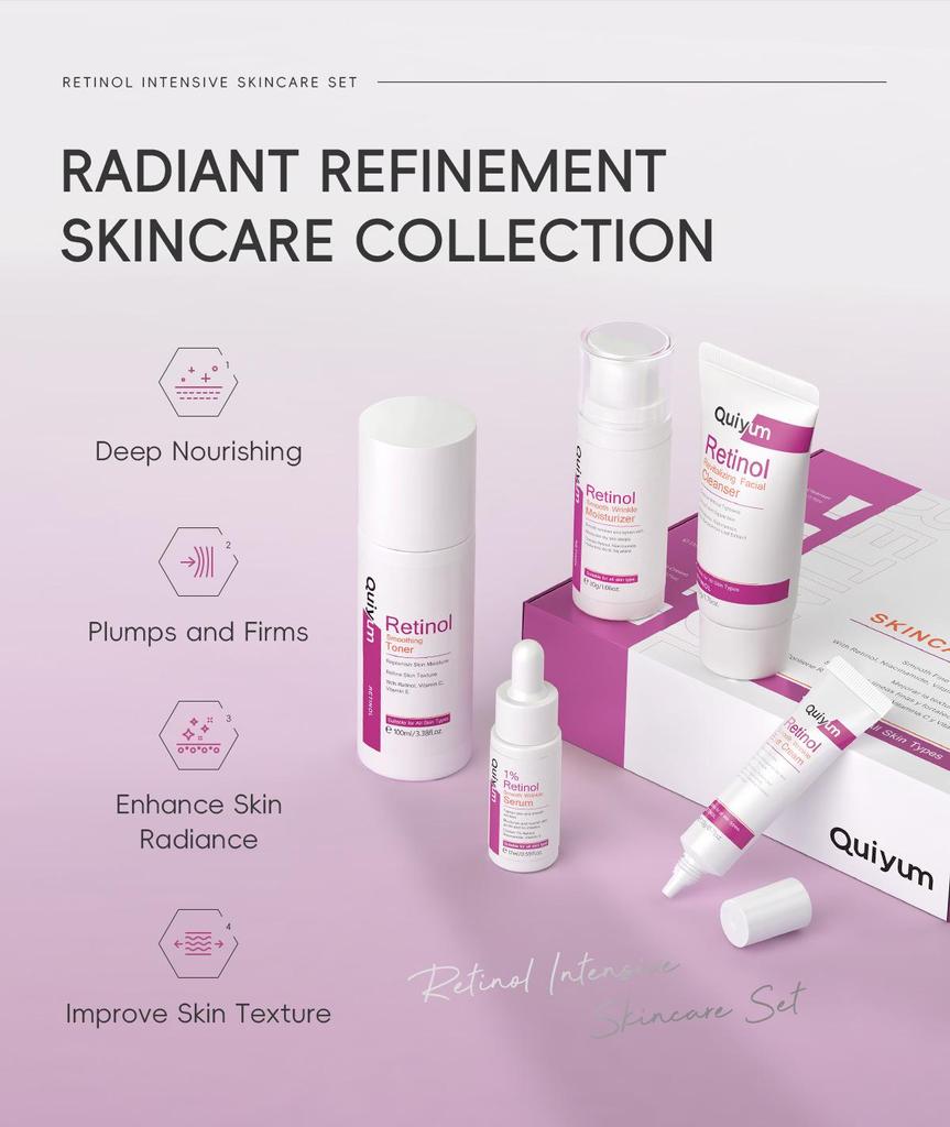 QUIYUM Retinol Hydrerende og Fuktighetsgivende Hudpleiesett – 5 Deler, FDA Godkjent
