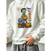 Men'S Graphic Print Crew Neck Sweatshirt With Green Zombie Holding Pumpkin, Loose Fit, For Streetwear And Outdoor Wear.