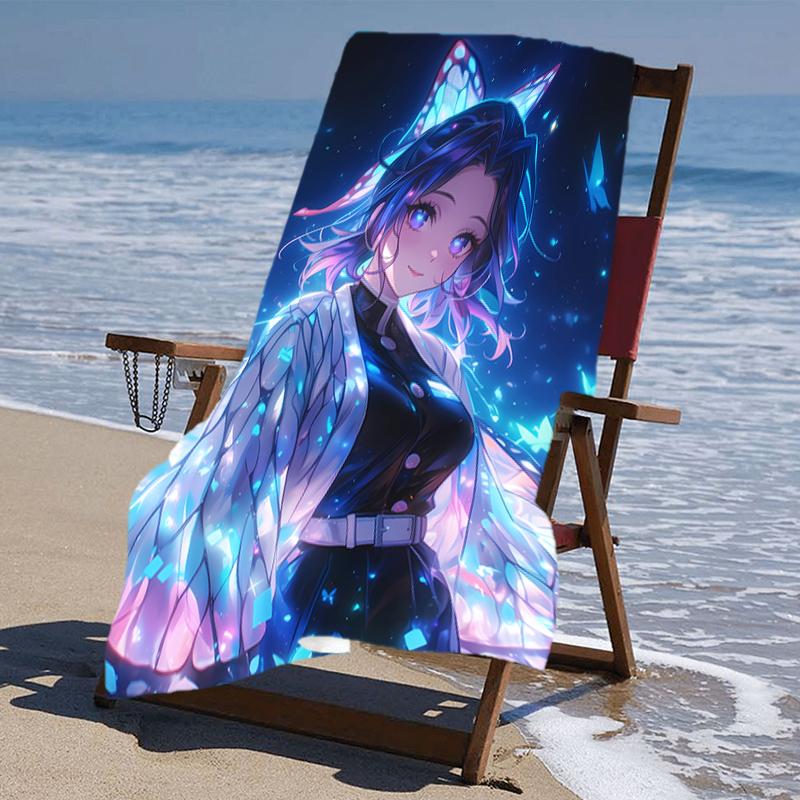 proof beach towel with a Demon Slayer Shinobu Kocho pattern - soft,absorbent,quick-drying,machine washable - perfect for swimming,camping,bathing