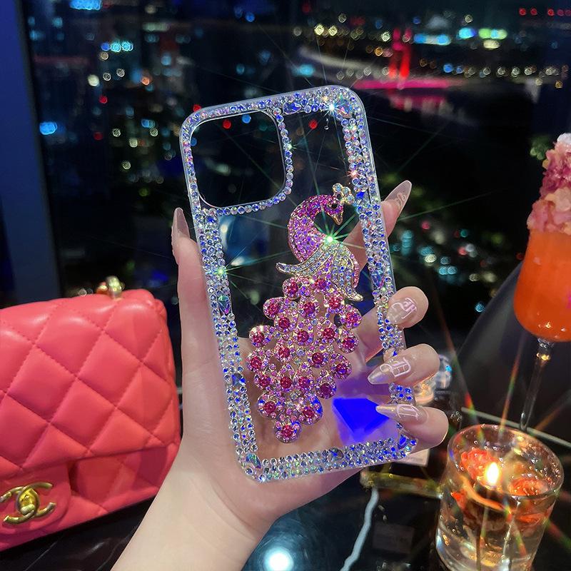 Luxusní pouzdro s pávím motivem a kamínky pro iPhone 13/14 - Nárazuvzdorné, s plným krytím, Ochranný kryt pro ženy.