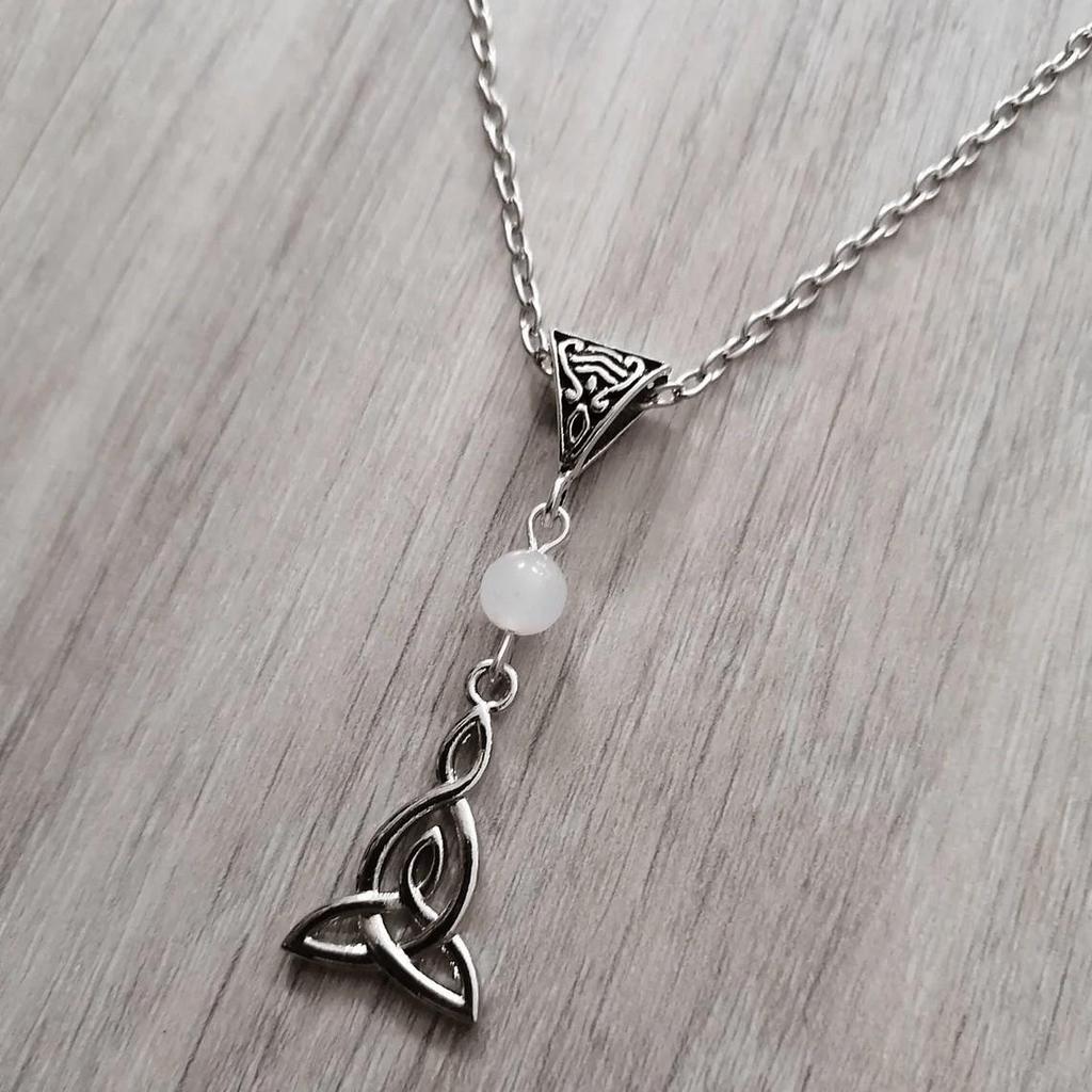 Victorian Gothic Celtic Knot Necklace with White Jade Beads Pagan Elf Jewelry