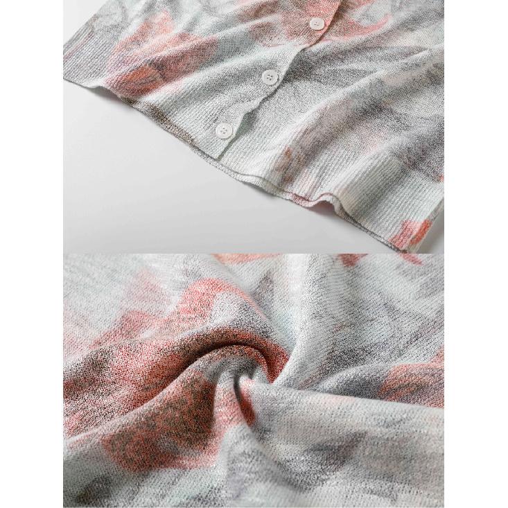 Women's V-Neck Floral Print Knit Cardigan Summer Long Sleeve Lightweight Casual Sweater Sun Resistant Design