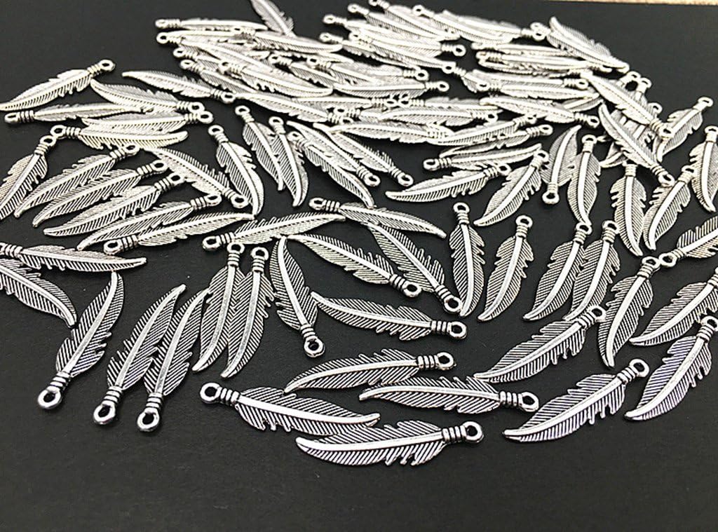 ALIMITOPIA 100pcs Alloy Feather Charms Pendants Easter Angel Wing Feather Dangle Charm for DIY Crafting Bracelet Necklace Jewelry Making Findings