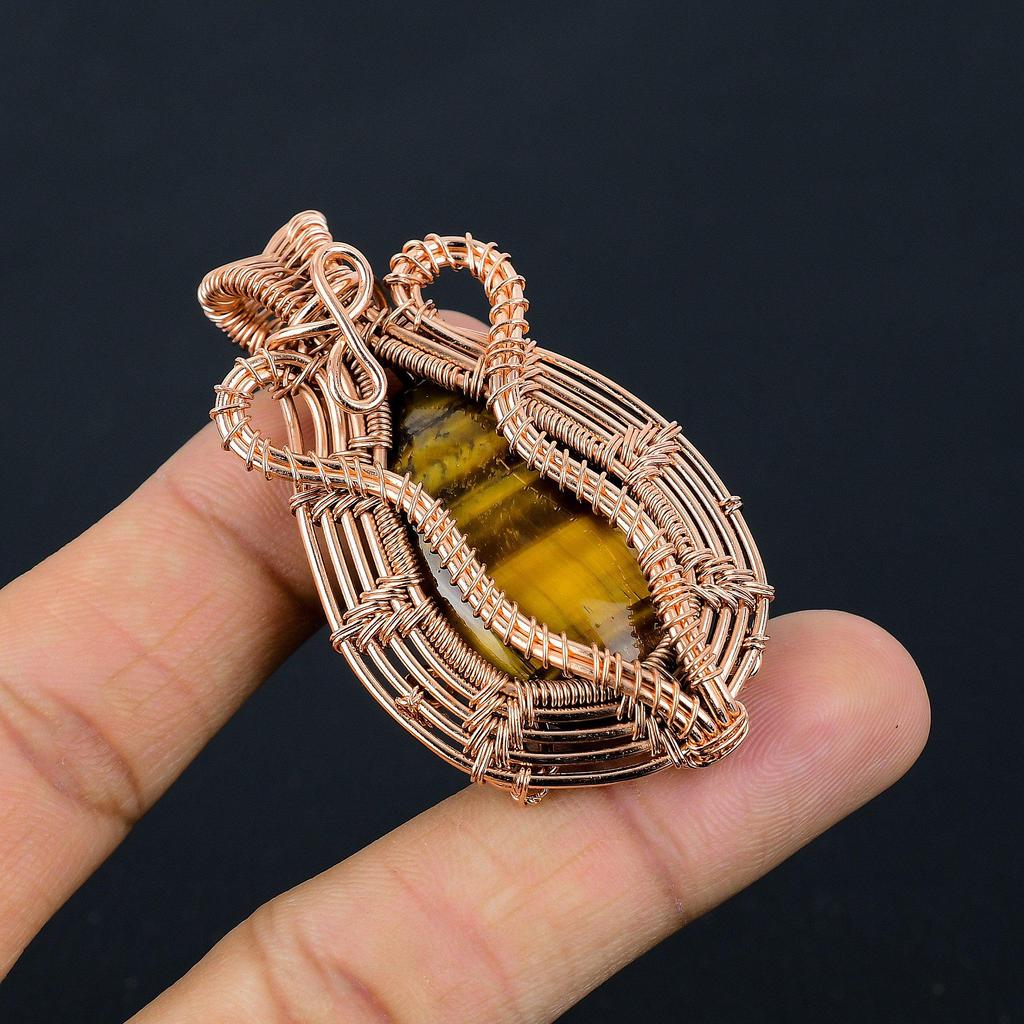Tiger Eye Pendant, Handmade Gemstone 999 Copper Wire Wrapped Pendant Antique Jewelry, For Gift Silver Jewelry
