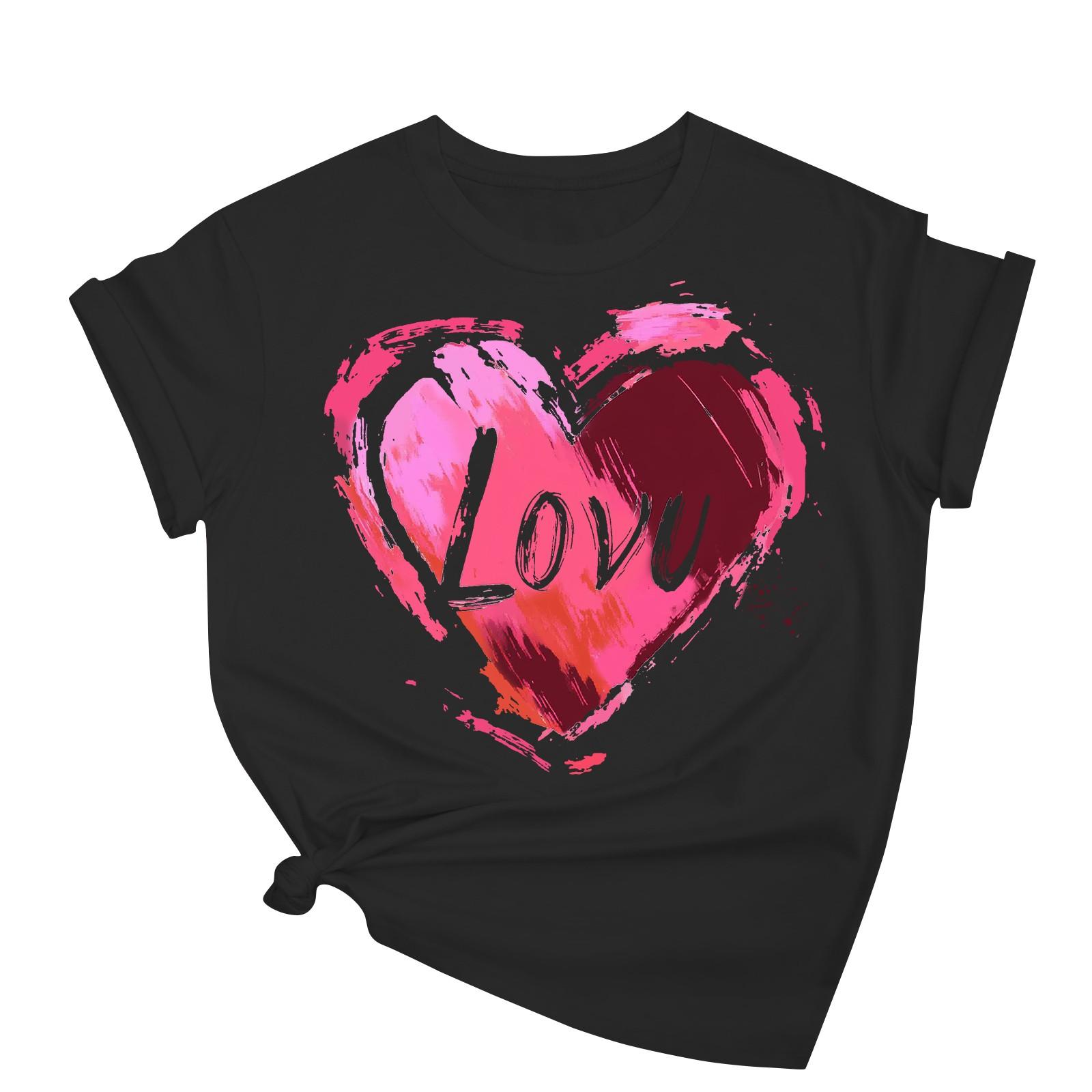 

Женская повседневная свободная футболка с принтом ко Дню святого Валентина, круглый вырез, пуловер, топ с короткими рукавами S чёрный