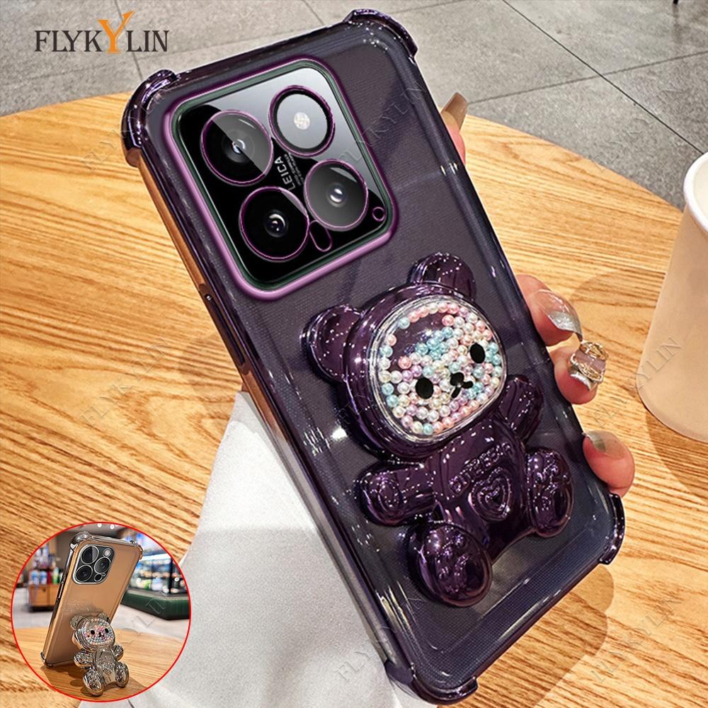 FLYKYLIN Coque de téléphone mignonne avec support ours plaqué pour Xiaomi Redmi 15C 14C 13 13C Housse transparente avec support