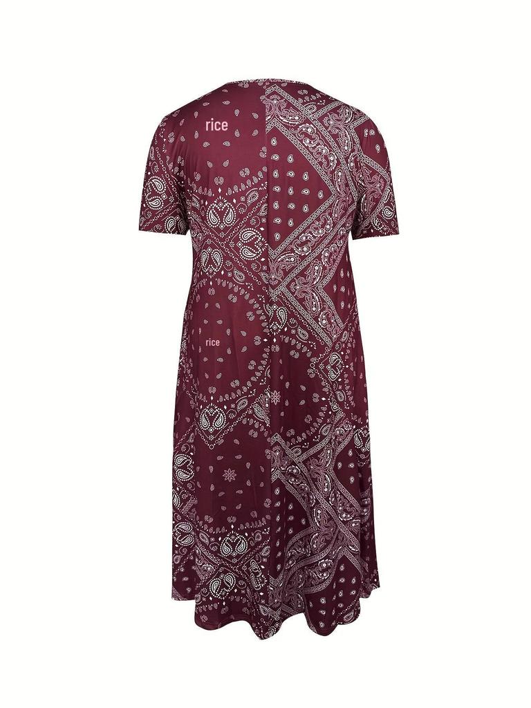 Sommer 2026 Boho-Stil Übergröße Bedrucktes Kleid mit Taschen für Damen