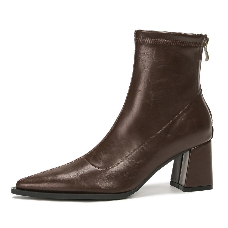 Autumn and Winter Thick Heel Single Boots Medium Tube Thin Boots Women Thin Rear Zipper Black Pointed Head Low Tube Leather Boots High Heel Women