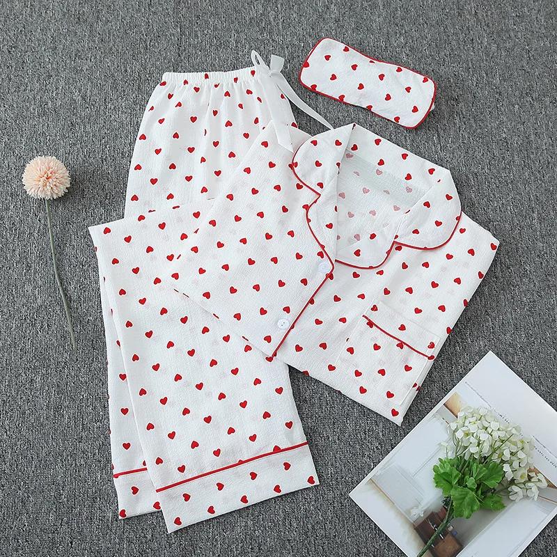 Nouvel Ensemble de Pyjama Rayé pour Femmes Vêtements d'Intérieur Pyjama en Coton Froissé à Bulles Vêtements d'Intérieur Manches Longues Pantalon Long Ensemble Masque pour les Yeux M blanc