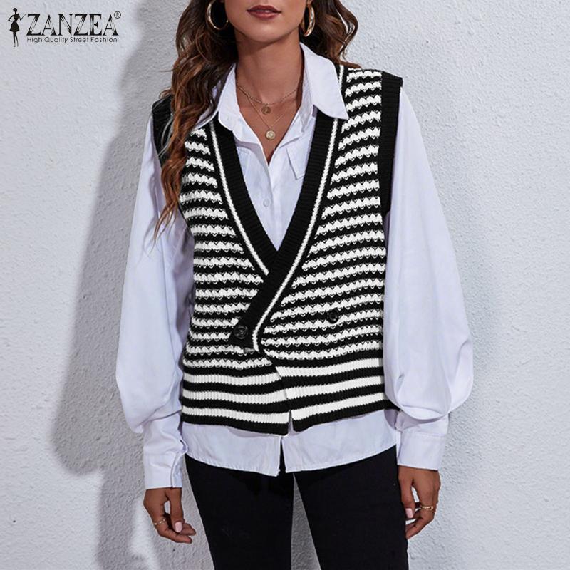 ZANZEA Women V Neck Sleeveless Stitching Striped Cropped Knitted Sweater Vest Waistcoat