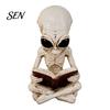 Alien Skeleton Statues Cross Legged Reading Book Figurine, Resin Sci-Fi Gothic Trendy Gaming Desk Setup Halloween Ornament, Collection Statue