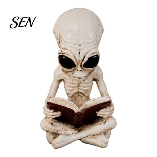 Alien Skeleton Statues Cross Legged Reading Book Figurine, Resin Sci-Fi Gothic Trendy Gaming Desk Setup Halloween Ornament, Collection Statue