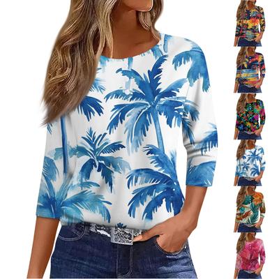 Damen T-Shirt mit Aufdruck, Knopfleiste, 3/4-Ärmel, modisch für den Alltag und das Wochenende, Basic, V-Ausschnitt, normales Oberteil