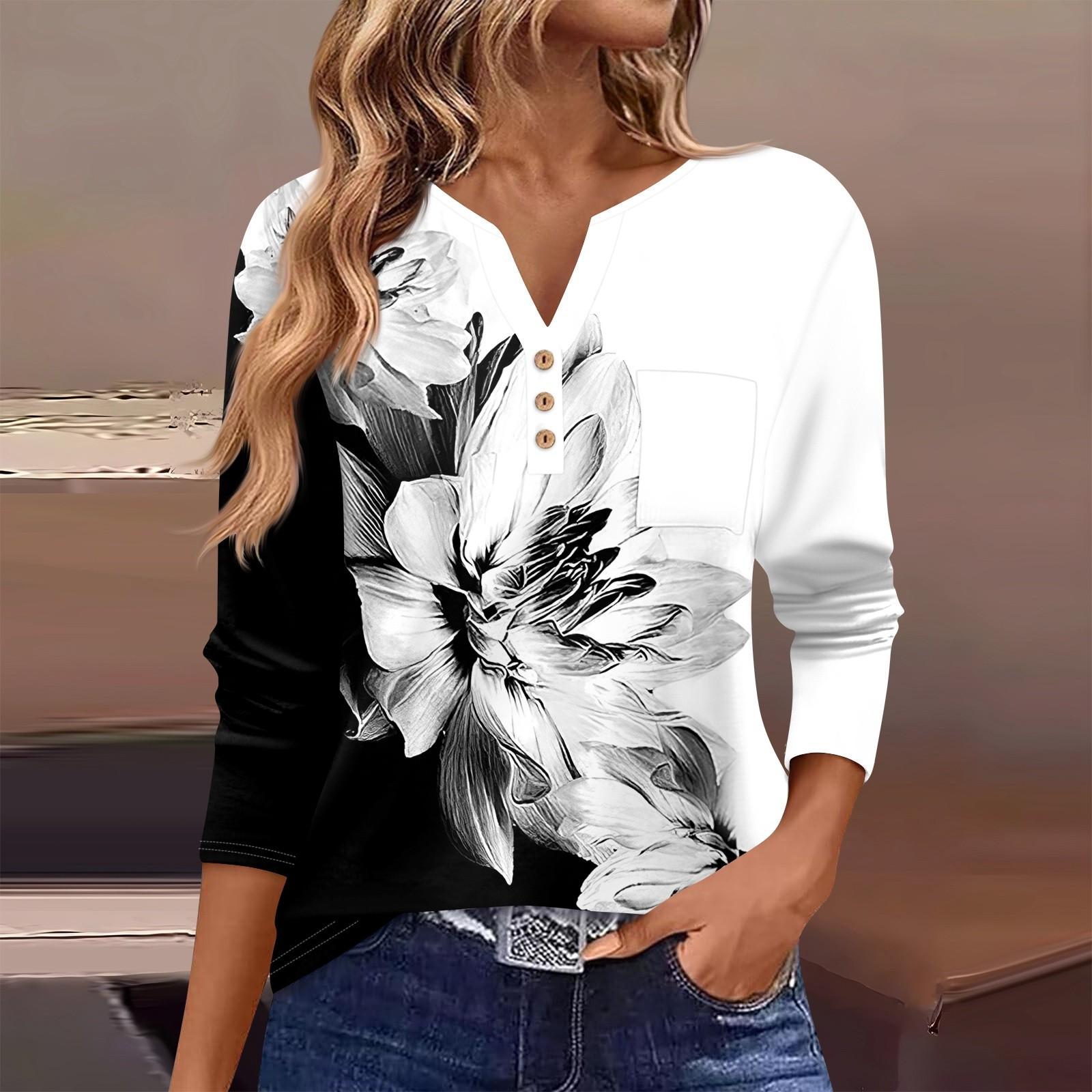 

Женская футболка с длинным рукавом на пуговицах, повседневная, выходного дня, модная, базовая, с V-образным вырезом, обычная, с карманом XXXL