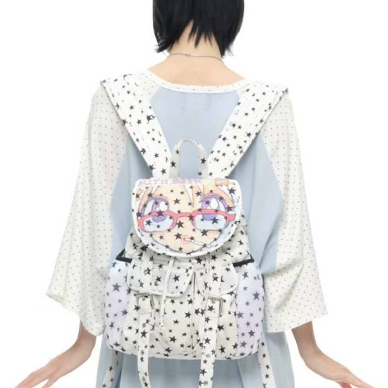 Star Cartoon Print Nylon Backpack With Waterresistant Design For Students And Casual Use