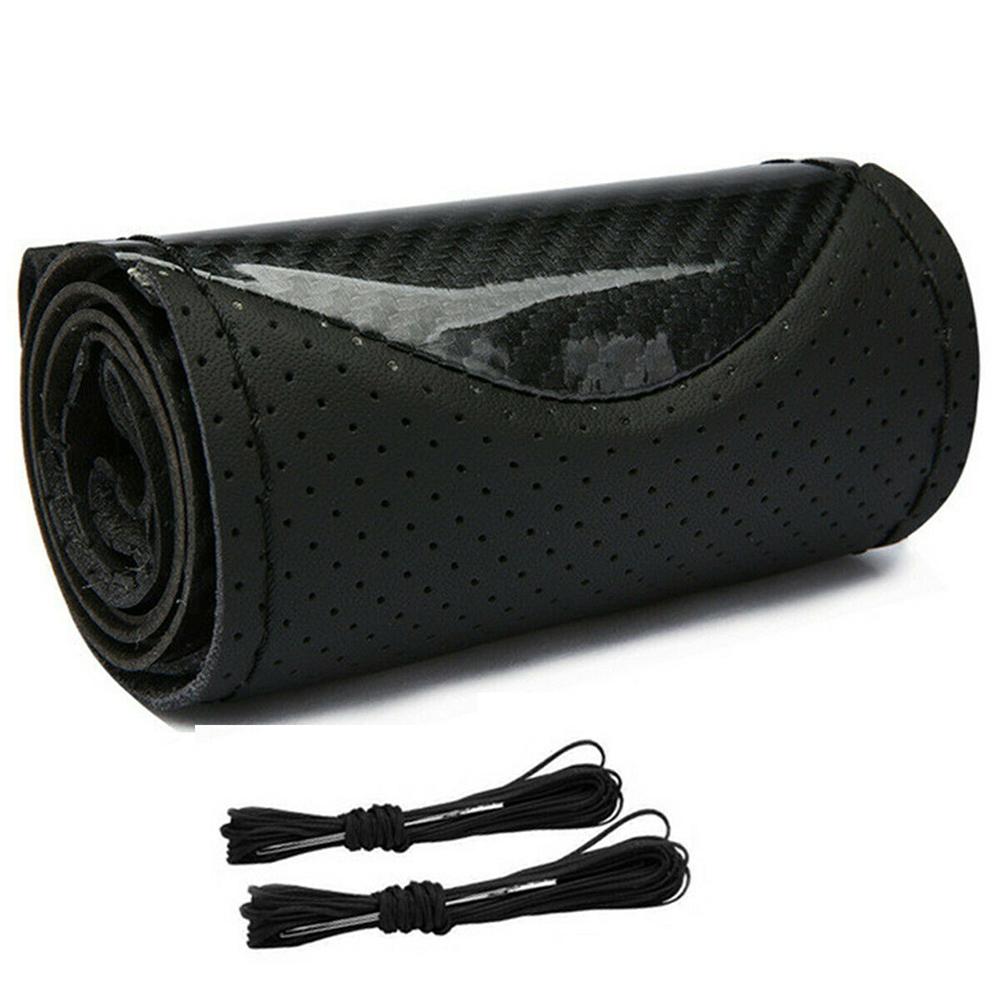 38cm Car Steering Wheel Cover Hand Sewing DIY Black PU Leather+Carbon Fiber Look