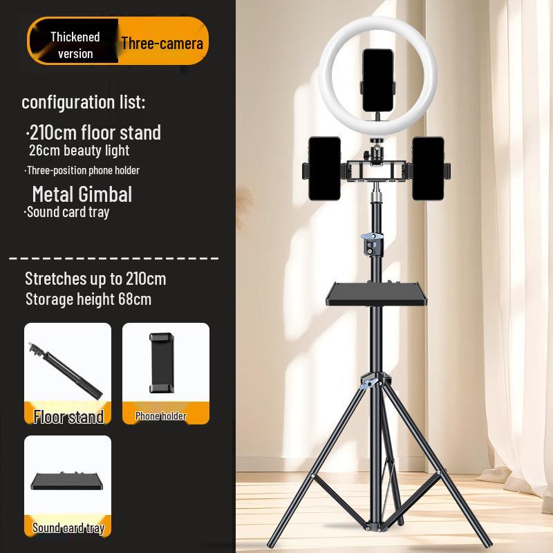 Dual-Position Carbon Steel Phone Stand with Fill Light for Outdoor Streaming