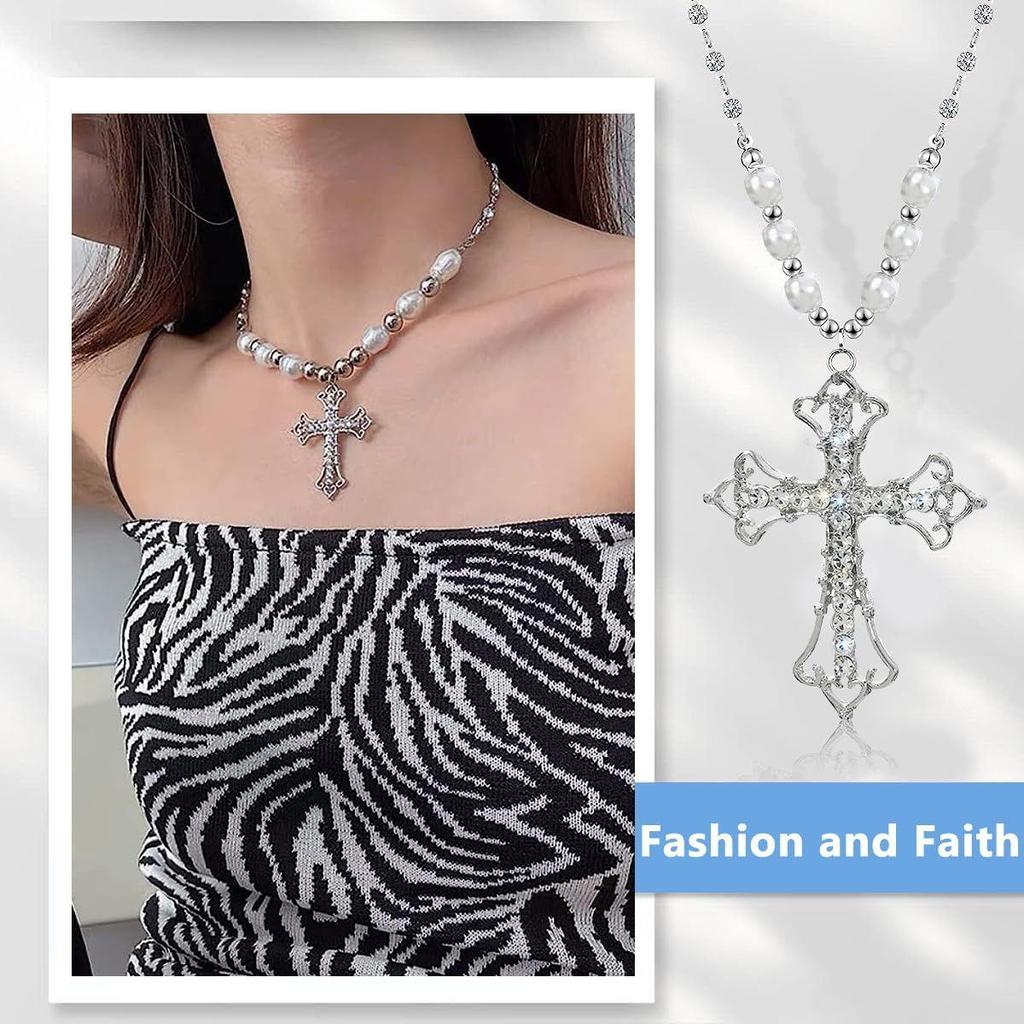 Crystal Cross Necklace for Women Girls, Big Pearl Stainless Steel Beads Necklace Choker, Cool Punk Cross Pendant Bling Chain Jewellery Gifts - Silver