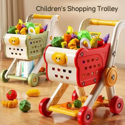 Children's Shopping Trolley Toy Set - Kids Pretend Play Grocery Cart with Fruit & Vegetable Cutting Toys, Supermarket Role Play Kit for Boys & Girls