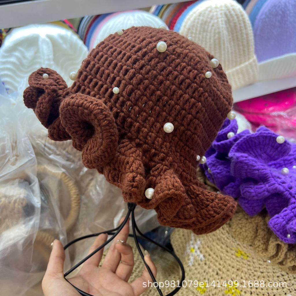 Popular sweet age reducing ruffle edge knitted bucket hat hand crocheted pearl hat colored rhinestone wool hat