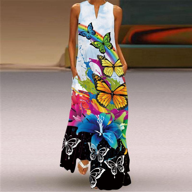 New Chinese Style Printed V-neck Multi-Color Sexy Sleeveless Dress
