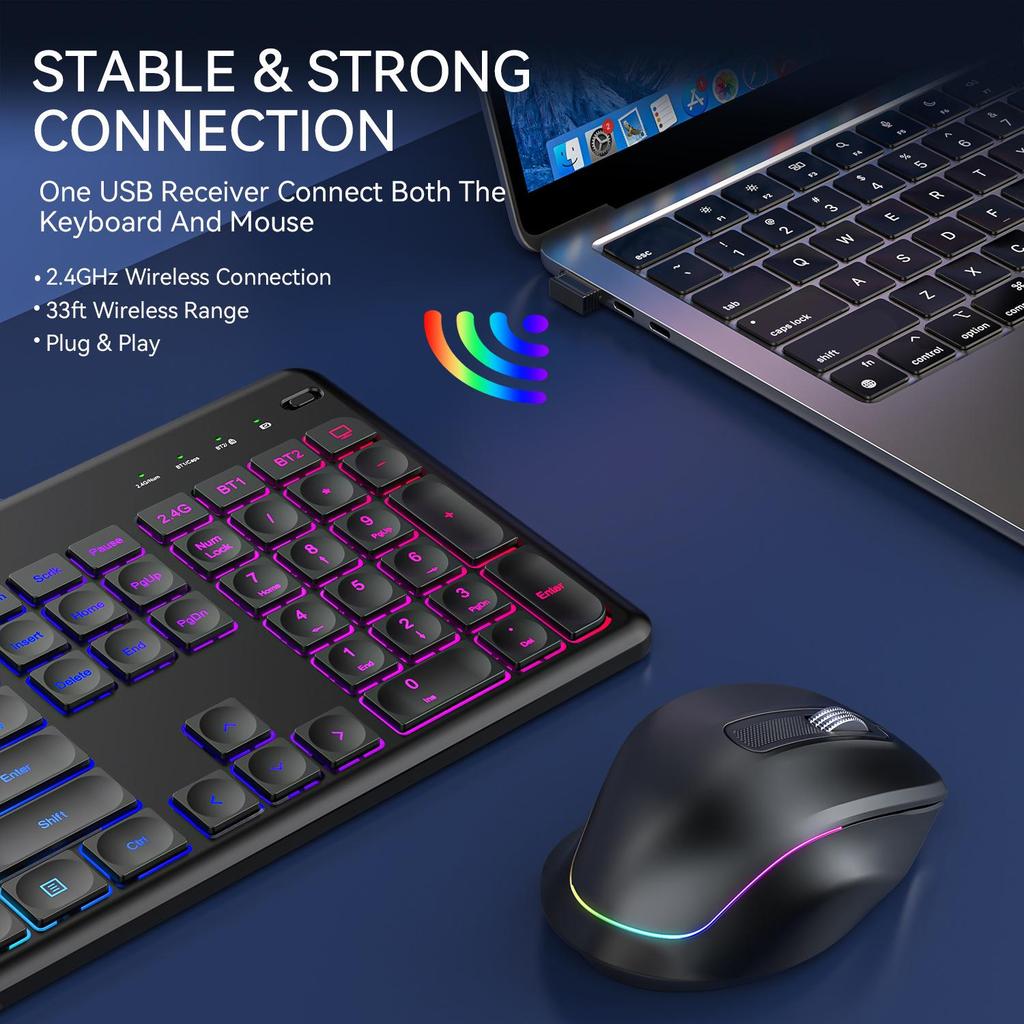 JOMAA RGB-beleuchtetes, leises, kabelloses Tastatur- und Maus-Set, wiederaufladbar für den Bürogebrauch.