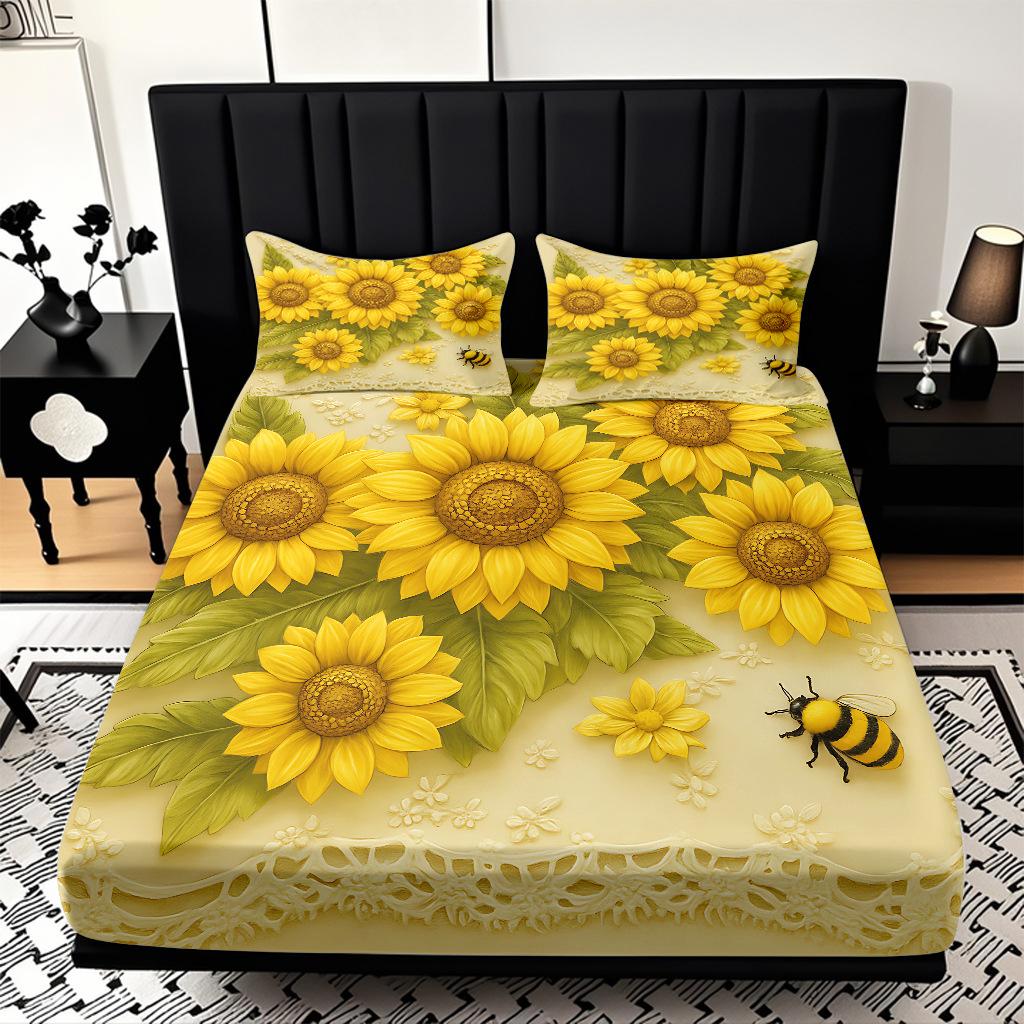 Home Textiles Sunflower Pattern 3D Digital Printing Sanded Sheet Three-Piece Set, Pattern