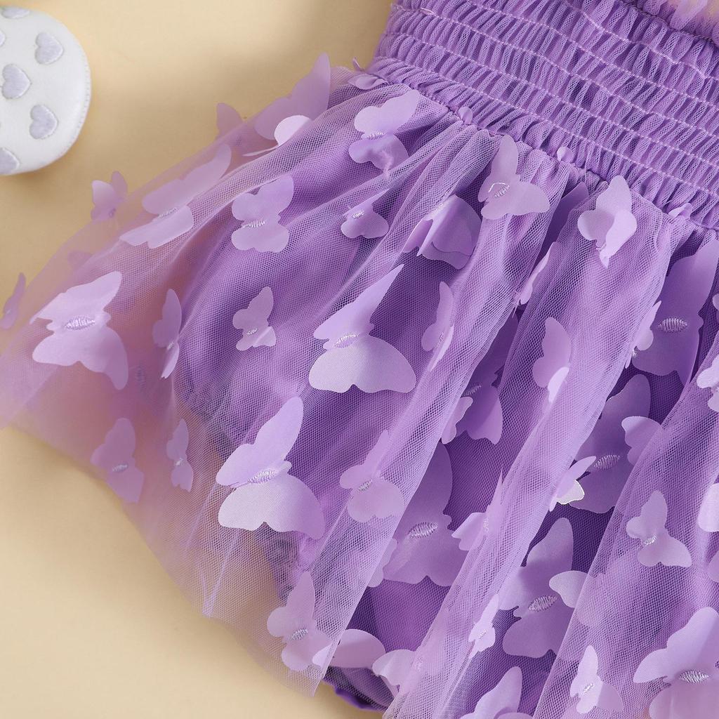 Infant Girl Romper Dress Butterfly Decor Fly Sleeve Ruched Mesh Skirt 3 6 12 18 24 Months Hem Jumpsuits Newborn Clothes Baby Bodysuits with Headband