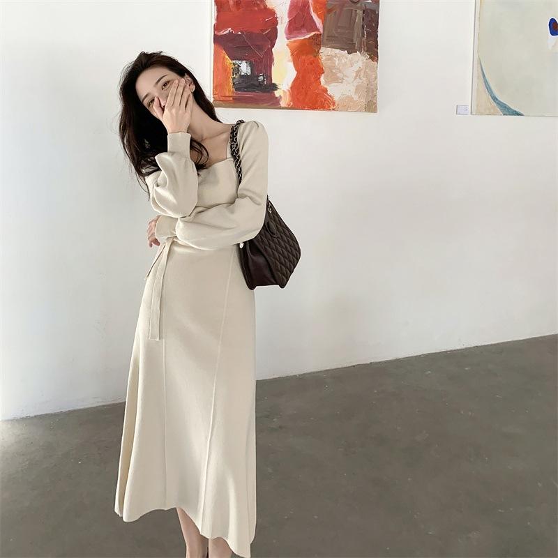 Knitted white dress waist coffee break beautiful high sense party party dress autumn