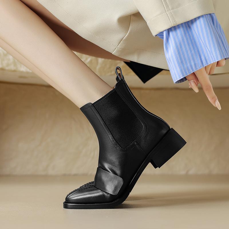 2024 New Women Genuine Leather Ankle Boots Autumn Winter Square Toe Thick Heels Casual Office Lady Working Black Shoes Woman