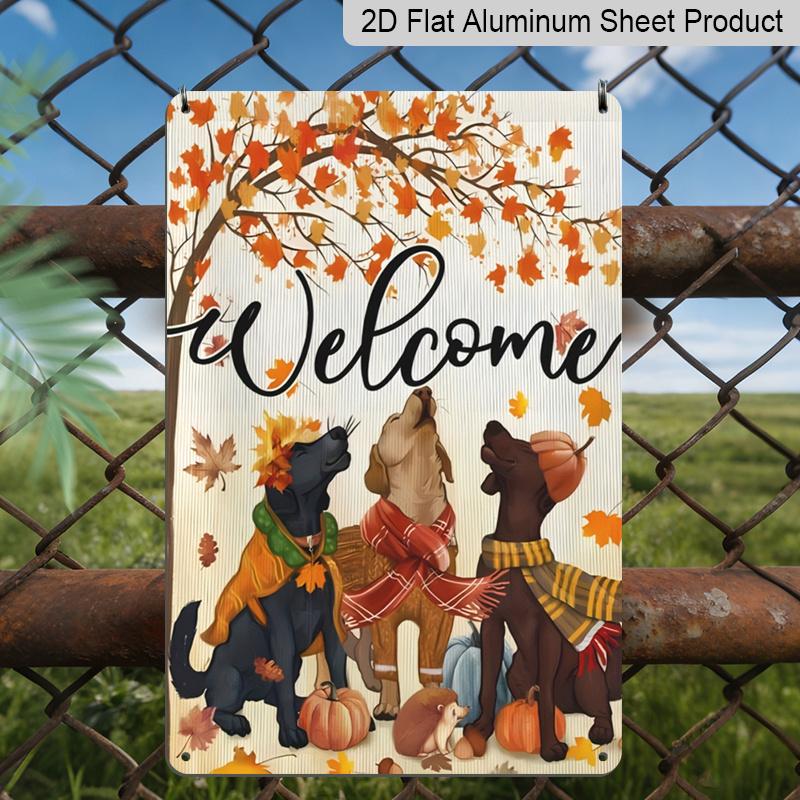 2D Flat Welcome Fall Dogs Maple Leaf Pumpkin Metal Sign - 8.0x12.0inch Aluminum Wall Art, Cute Autumn Dog Hedgehog Farmhouse Front Porch Decor