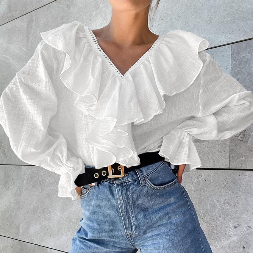 French V-neck ruffle top 1116 spring and summer inner cover pure cotton lace women's shirt design sense
