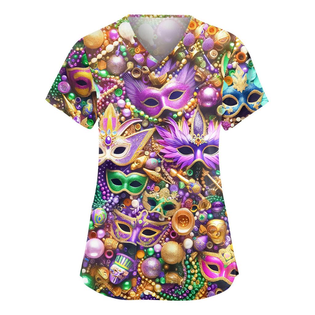 Women's Fashionable V-neck Workwear Printed Short Sleeved Pocket Side Slit Workwear Basic Pullover Top