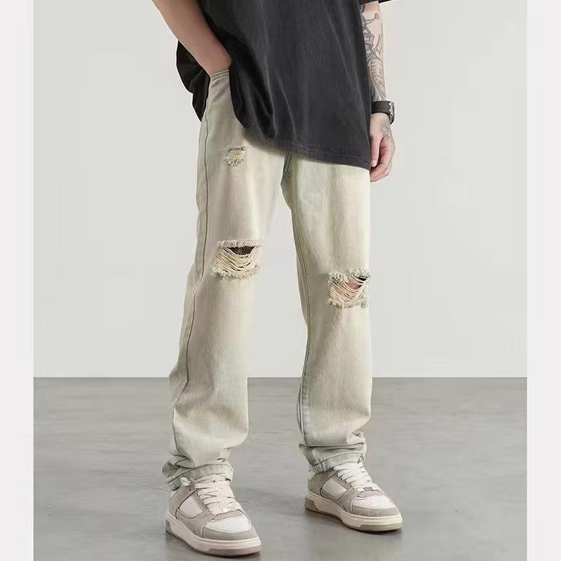 Mens Ripped Jeans Streetwear Hip Hop Style Slim Fit Denim Pants Fall Youth