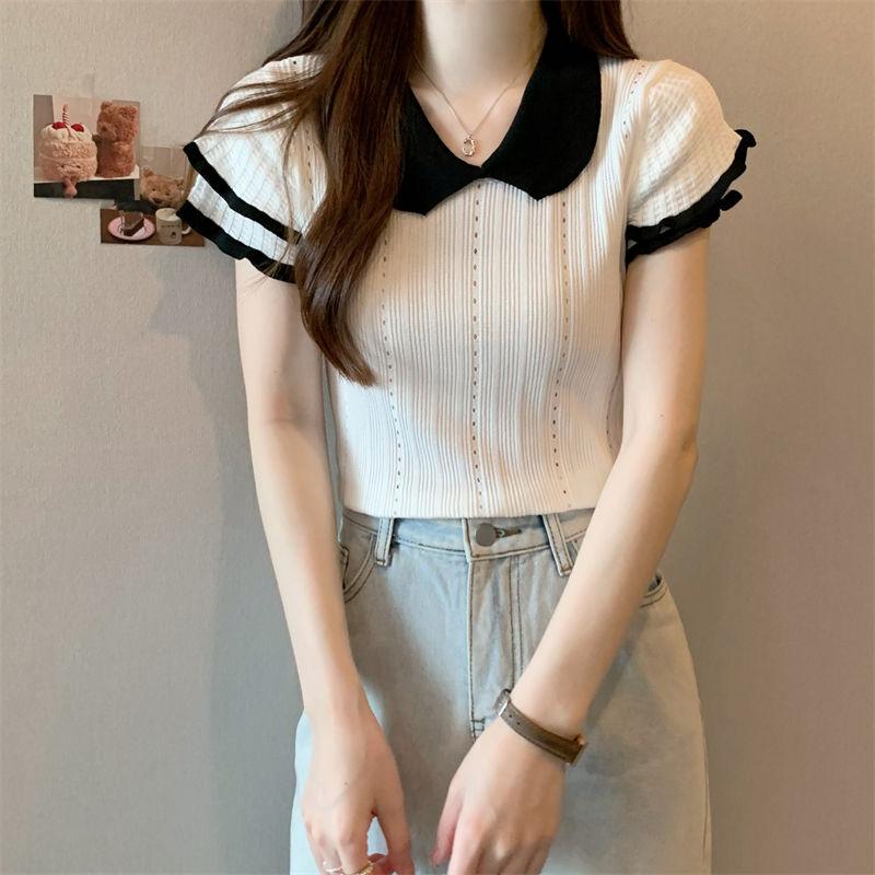 Hollow Out Top with High-end Design Niche Pink Doll Collar Thin Short Sleeved Knitted Shirt for Women Summer