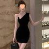 Women's Black One-Shoulder Dress with Metal Straps - French Elegance, Hip-Hugging Design