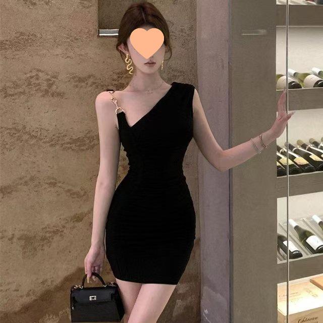 Women's Black One-Shoulder Dress with Metal Straps - French Elegance, Hip-Hugging Design