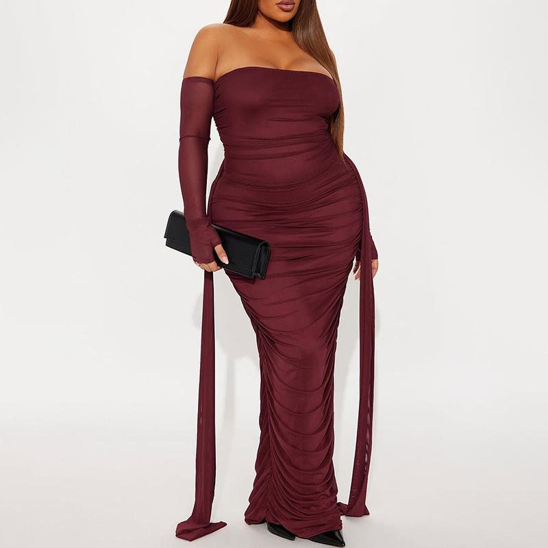J25DS416 Elegantes einärmeliges plissiertes Netz-Langarmkleid für Damen
