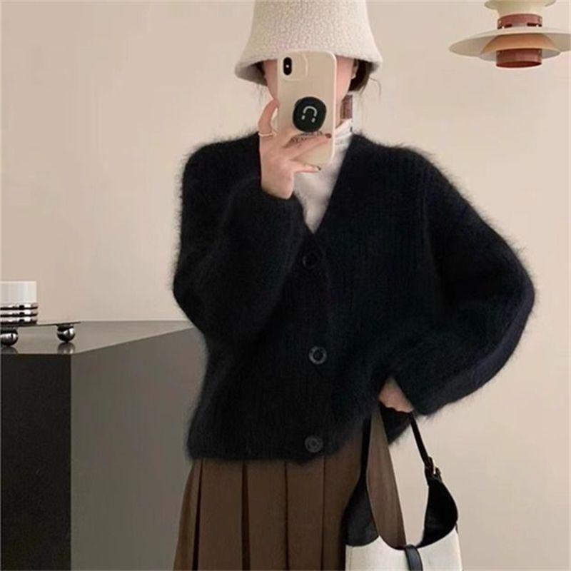 Women's Japanese Soft Vibe Faux Mink Knit Cardigan V-Neck Long-Sleeve Sweater Jacket Office Casual Short Outer Top