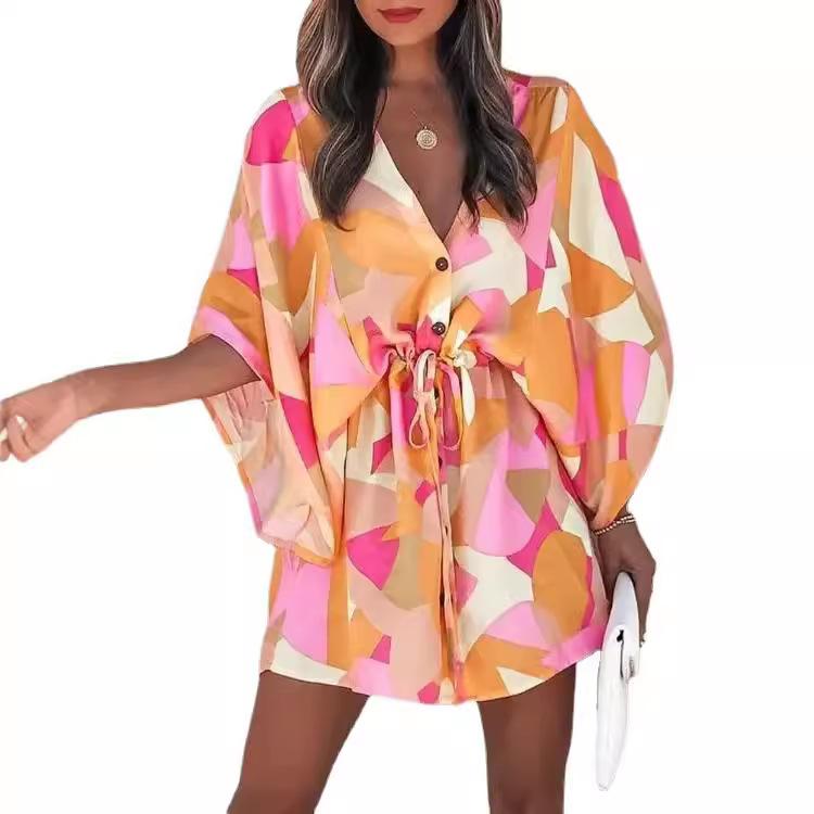 Vestito Corto da Donna con Stampa Foglie Tropicali Maniche Corte a Pipistrello Scollo a V Vita con Coulisse Casual da Vacanza Mini Abito